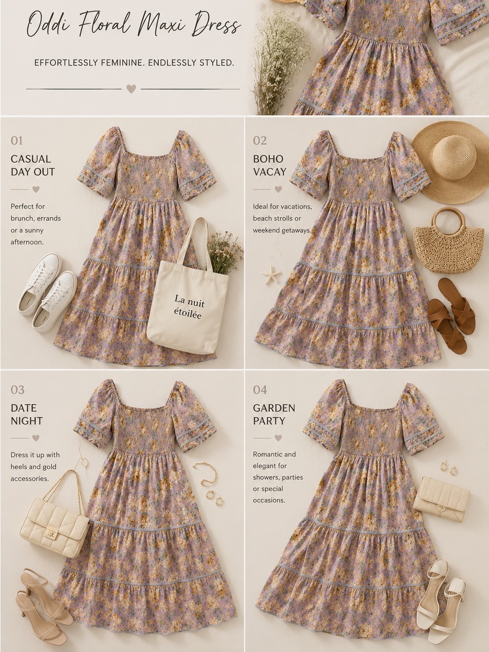 Oddi Los Angeles | Floral Smocked Cotton Maxi Dress Cottagecore Puff Sleeve 2XL - Picture 3 of 7